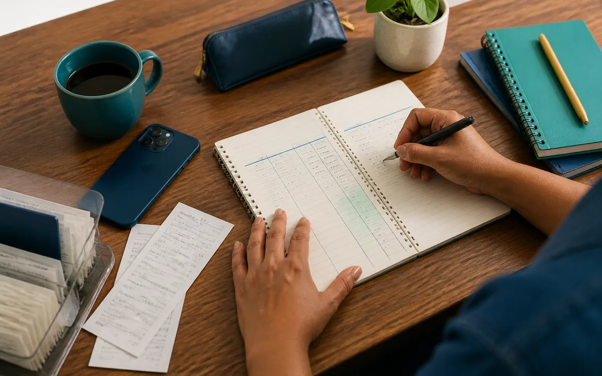 Pessoa registrando entradas e saídas do pequeno negócio em um caderno