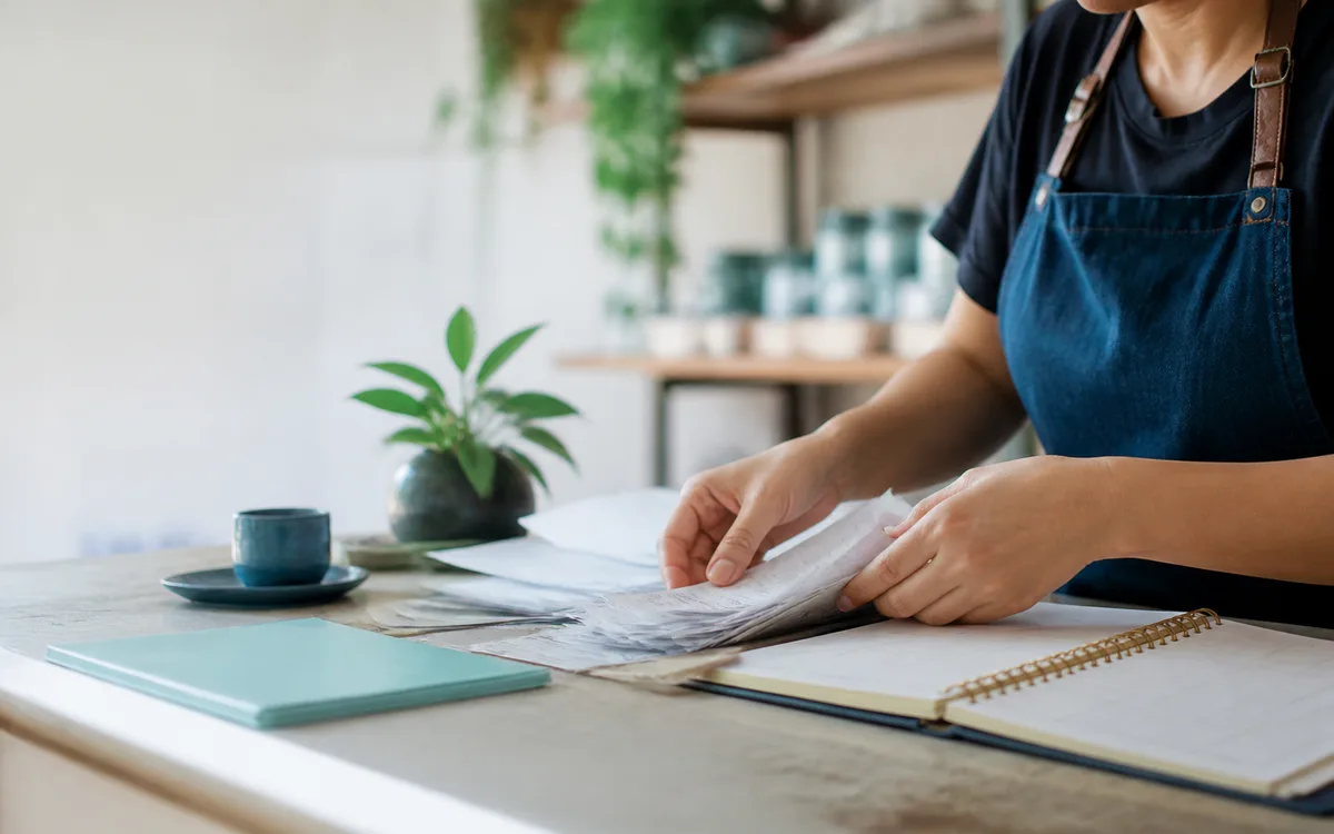 Empreendedora organizando documentos do negócio